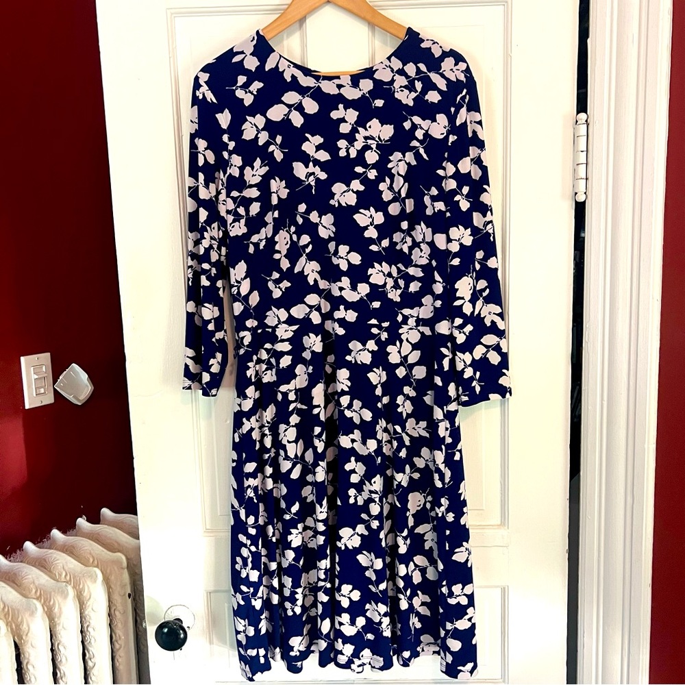 LAUREN Royal Blue White Floral Lined Dress in Size 16